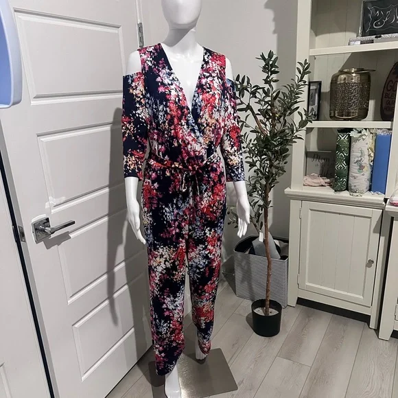 NY Collection Multicolor Floral Cold Shoulder Jumpsuit - Picture 4 of 7
